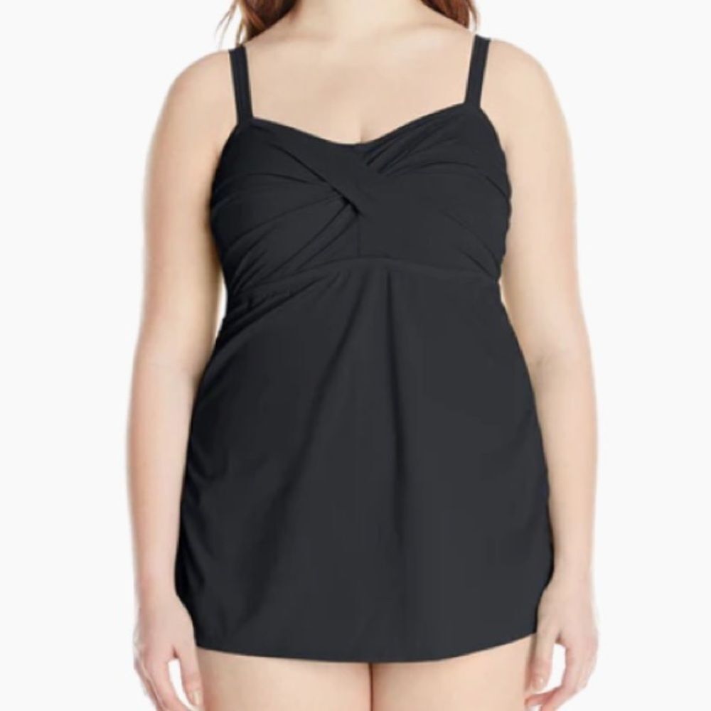 Jantzen Black Solid One Piece Twist Front Swim Dress Tummy Control Beach 24W